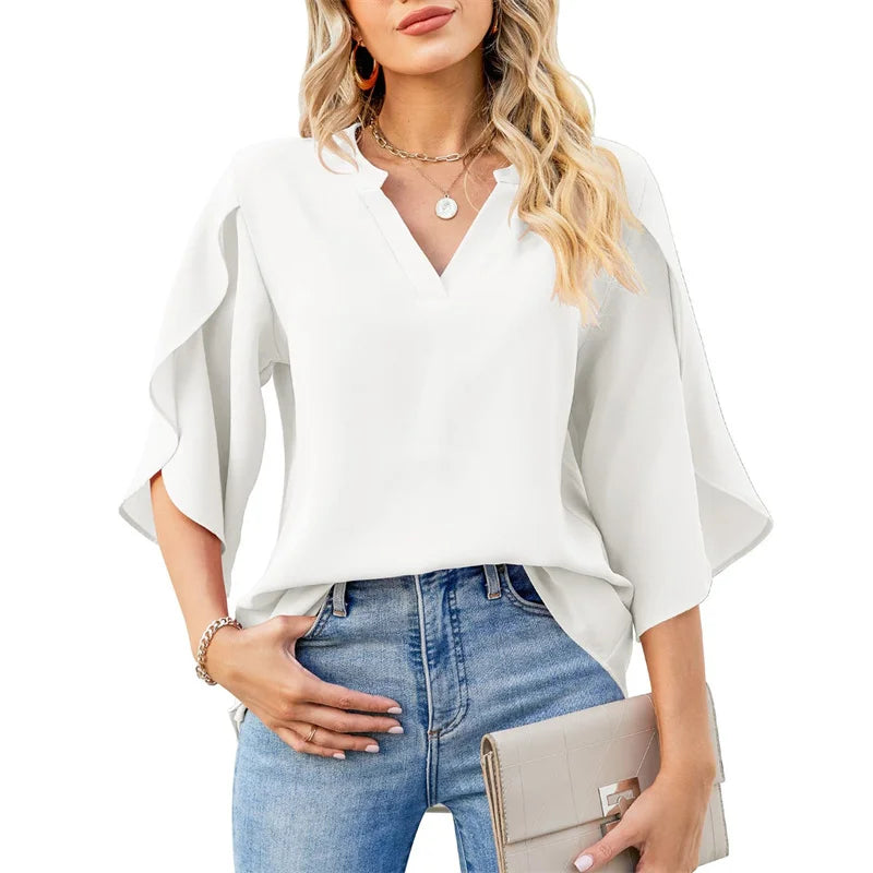 Chiffon V-Neck Flare Blouse