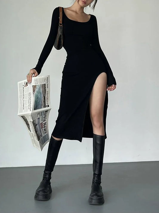 Square-Neck Split Bodycon Dress