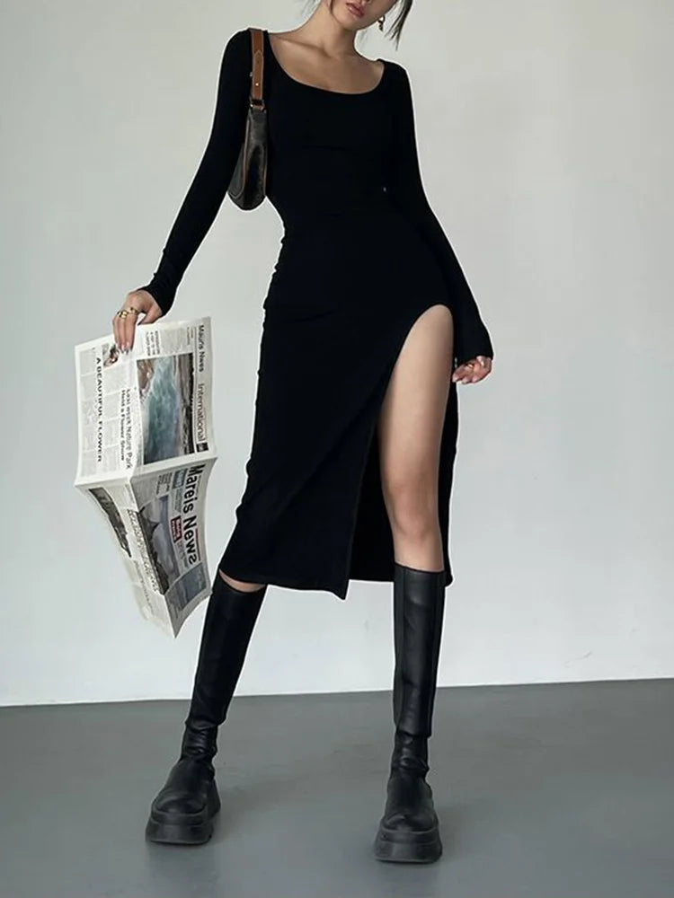 Square-Neck Split Bodycon Dress