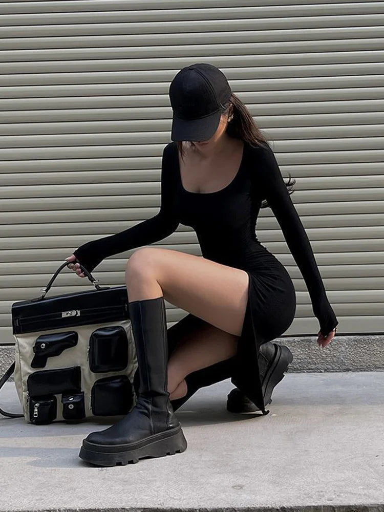 Square-Neck Split Bodycon Dress