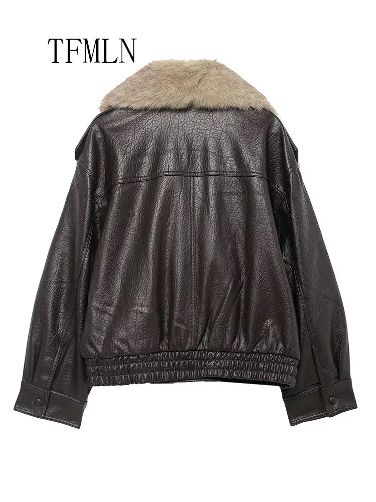 Double-Breasted Fur-Collar Faux-Leather Jacket