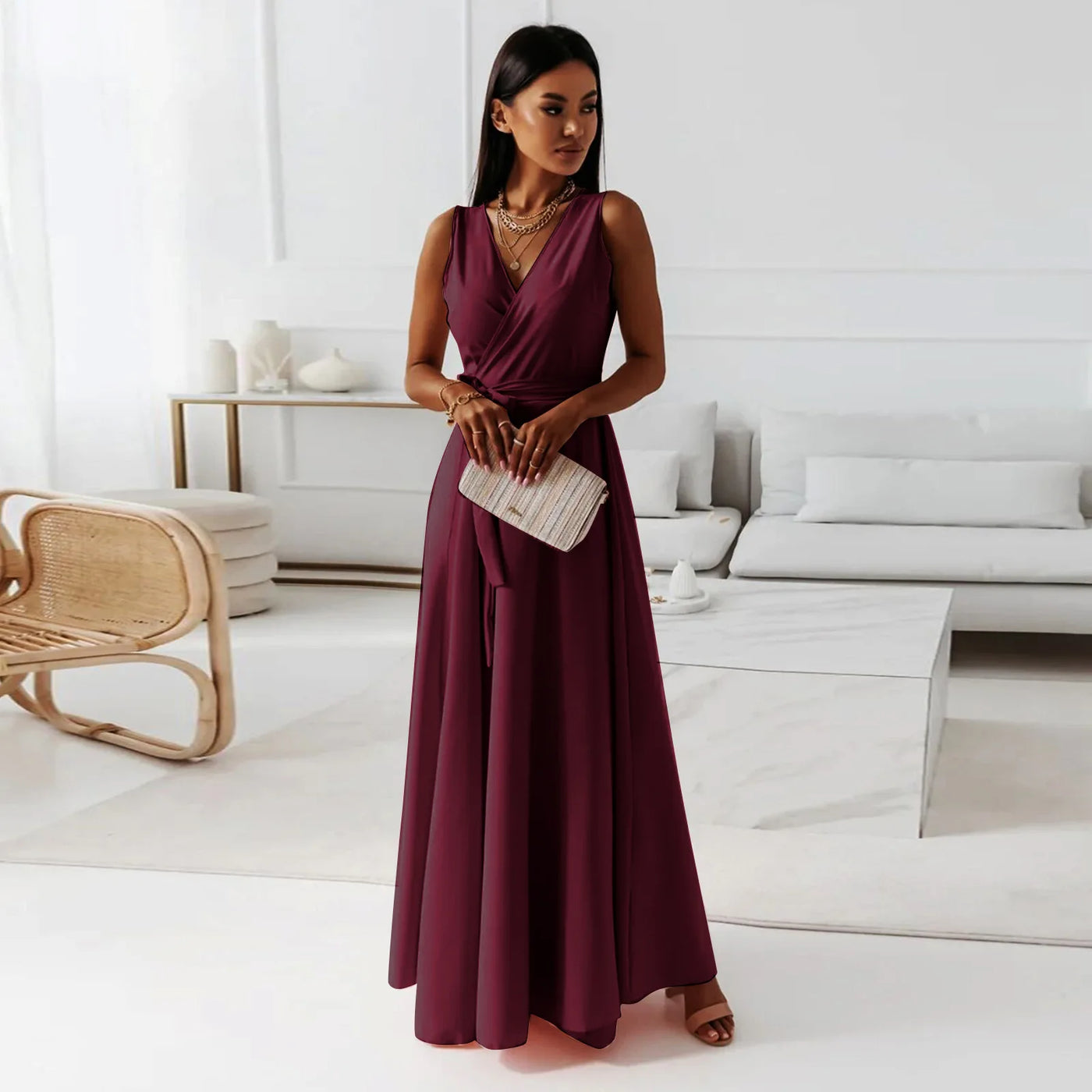 Lace-Up V-Neck Maxi Dress