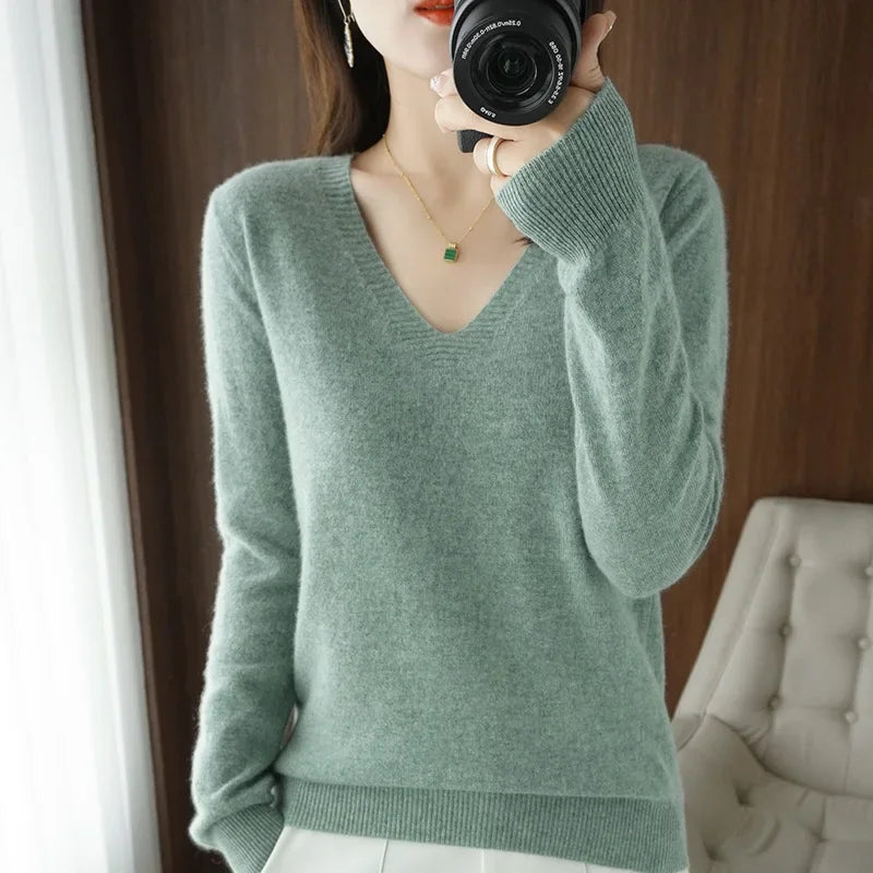 V-Neck High-Stretch Knit Sweater