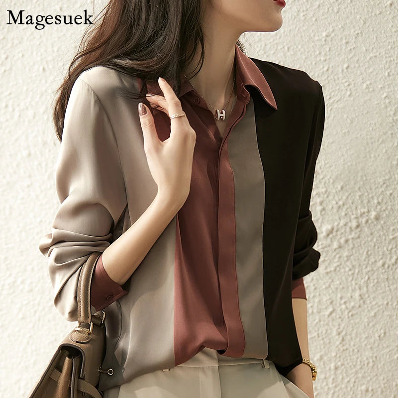 Satin Button-Front Office Blouse
