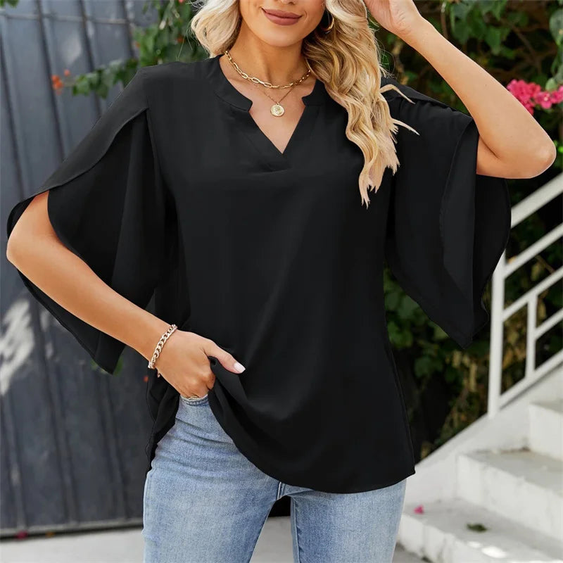 Chiffon V-Neck Flare Blouse