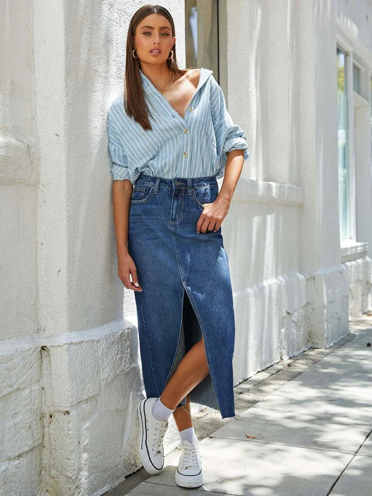 Split Washed Denim Skirt