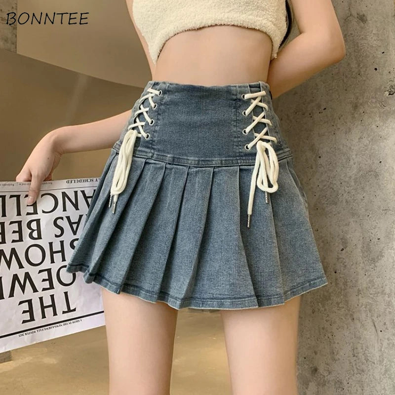 Lace-Up Pleated Denim Skirt