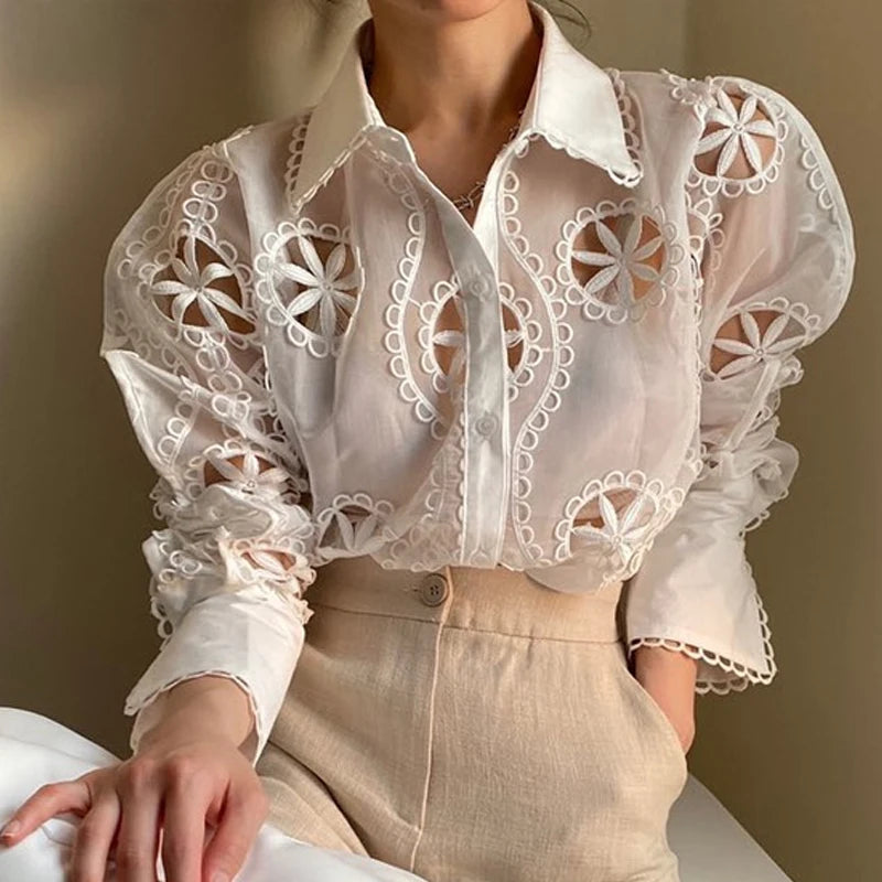 Embroidered Lace Button-Up Blouse