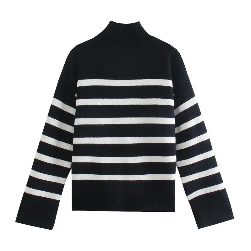 Striped Turtleneck Loose-Knit Sweater
