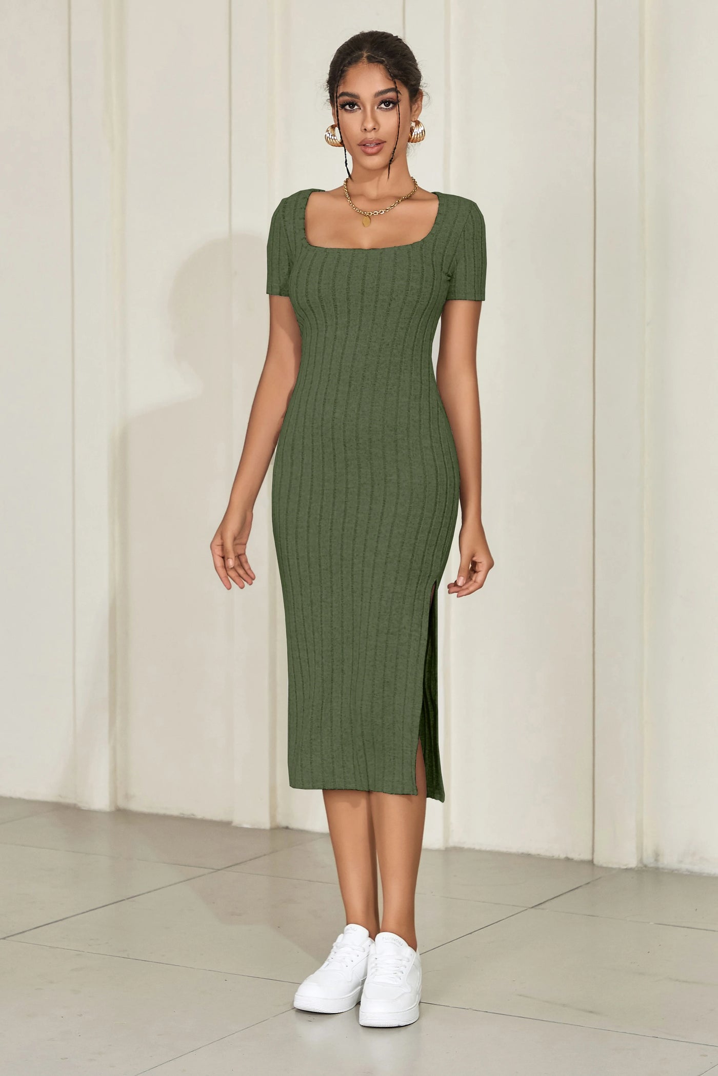 Square Neck Knit Midi Dress