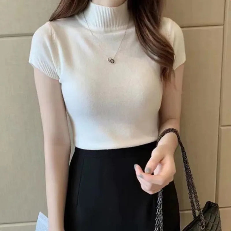 Stretch Turtleneck Short-Sleeve Top