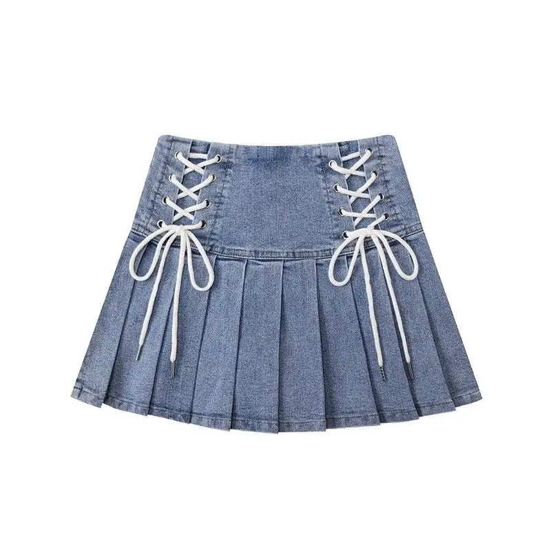 Lace-Up Pleated Denim Skirt