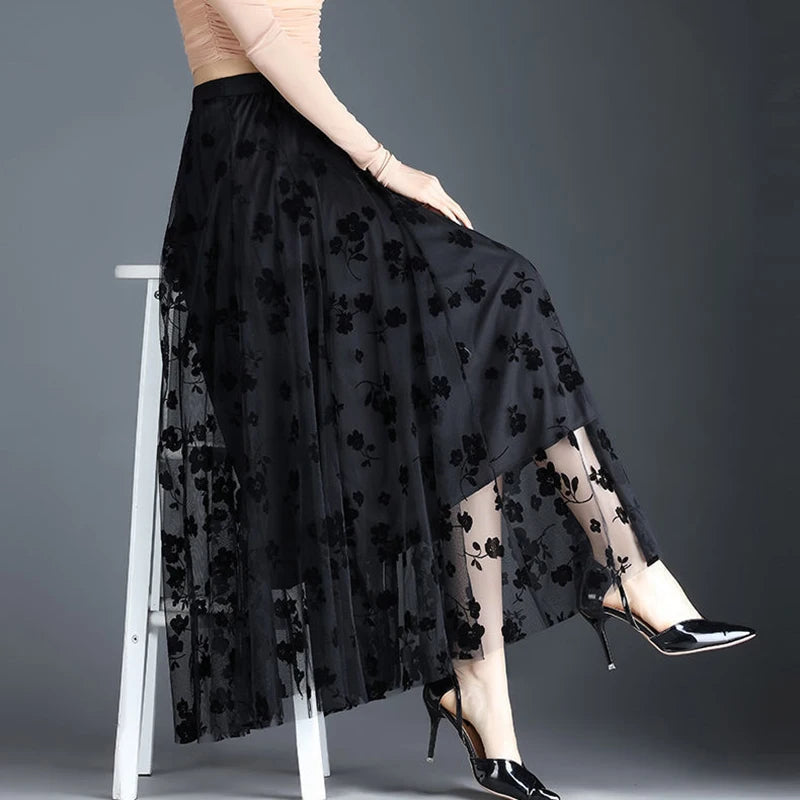 Floral Tulle Midi Skirt
