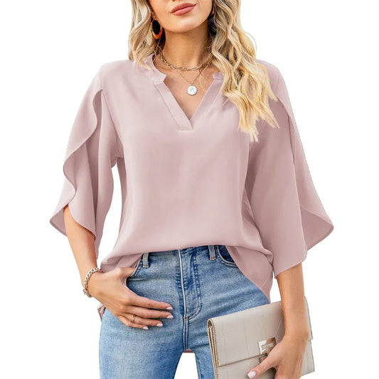 Chiffon V-Neck Flare Blouse