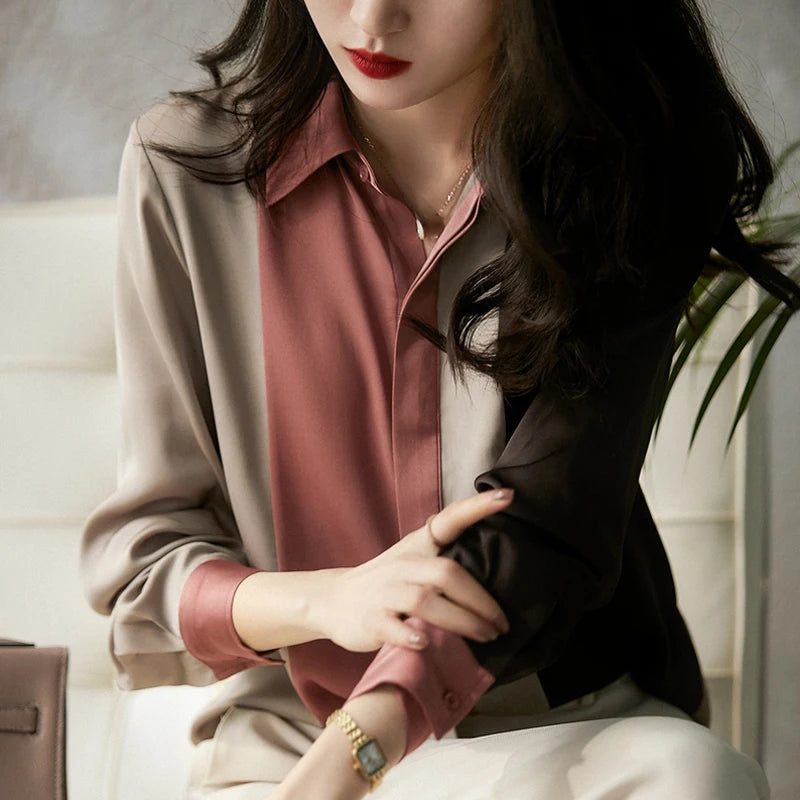 Satin Button-Front Office Blouse
