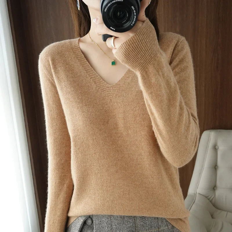 V-Neck High-Stretch Knit Sweater