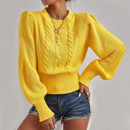 Lantern-Sleeve Relaxed Knit Pullover Sweater