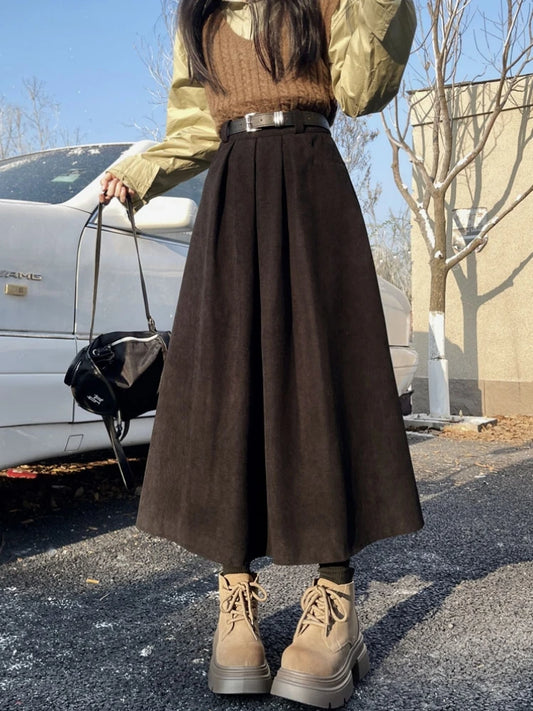 Corduroy Belted Pleated Skirt