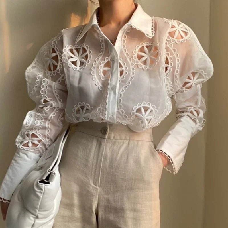 Embroidered Lace Button-Up Blouse