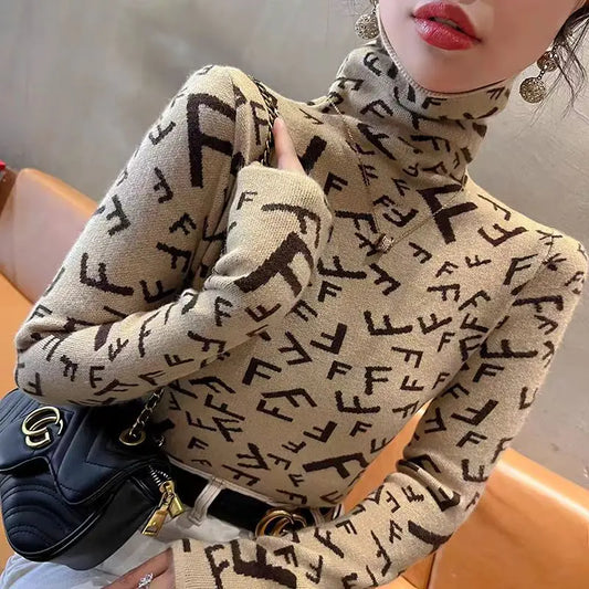 Letter-Knit Half-Neck Slim Sweater