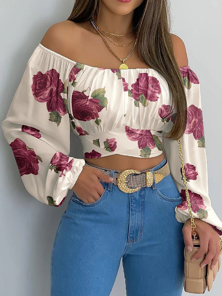Off-Shoulder Lantern-Sleeve Crop Blouse