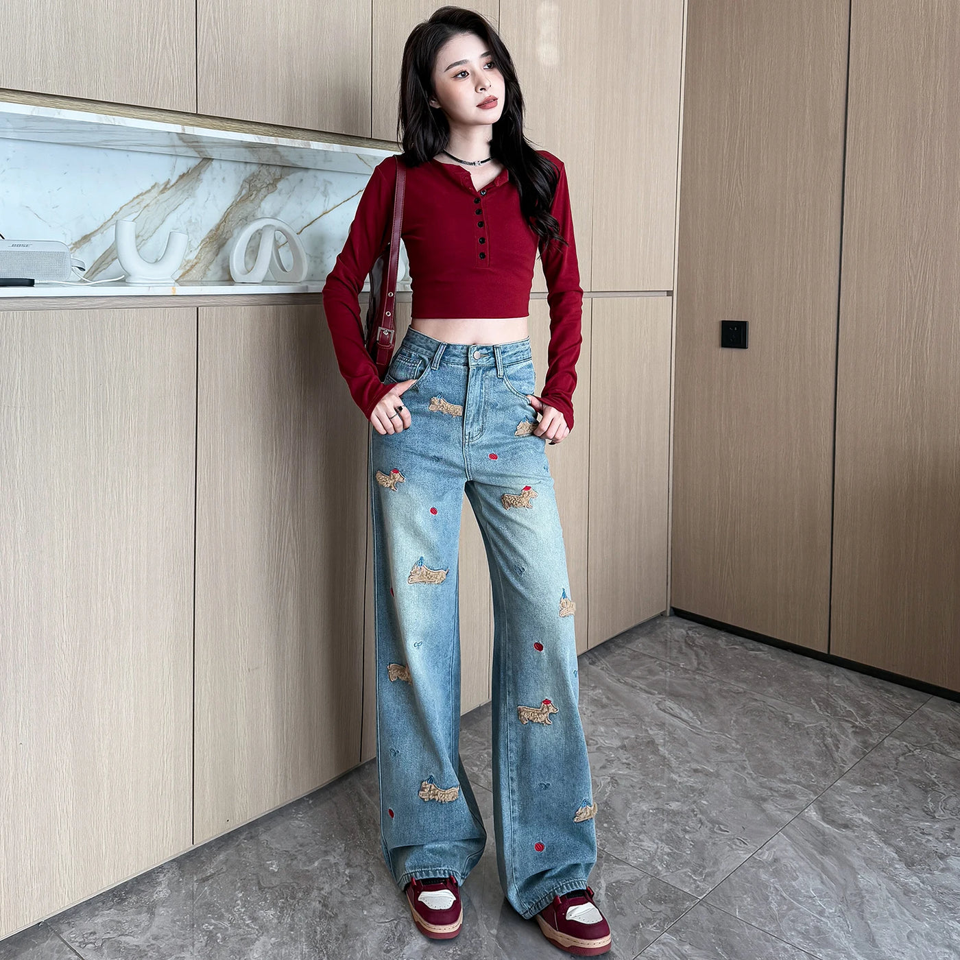 Embroidered Dog Straight-Leg Jeans