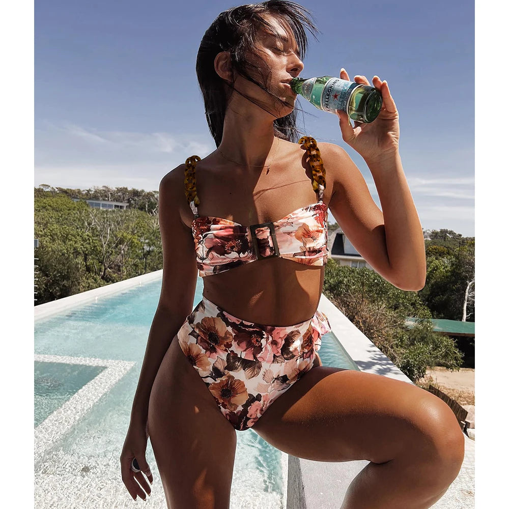 Ribbed Ruffle Bandeau Bikini