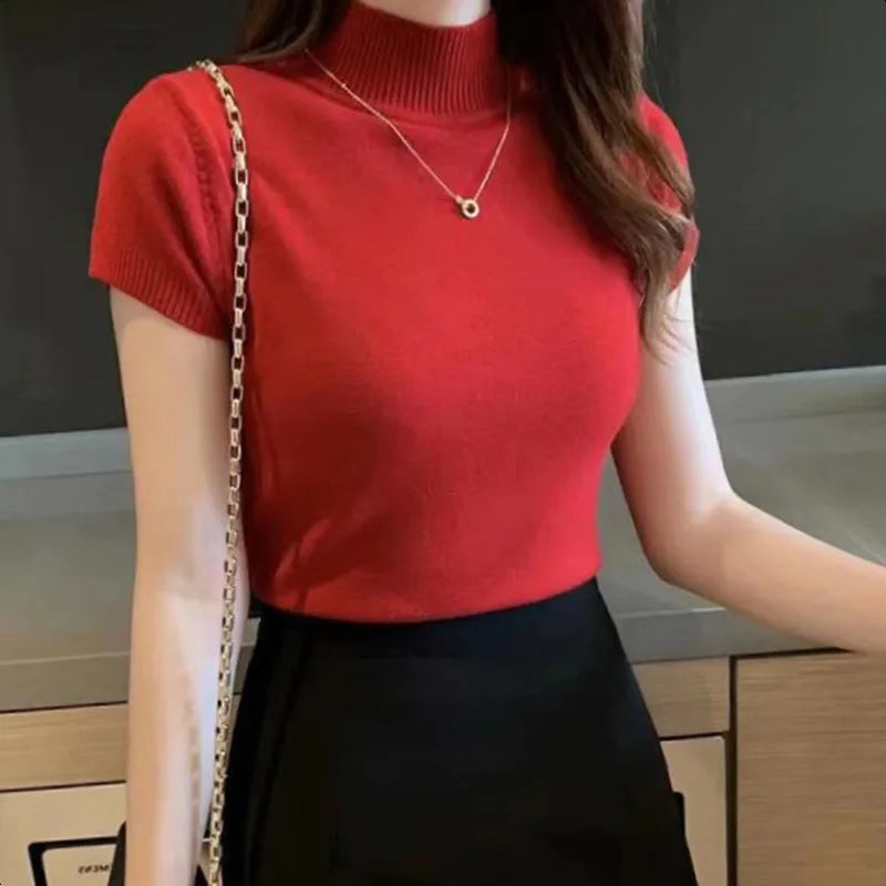 Stretch Turtleneck Short-Sleeve Top