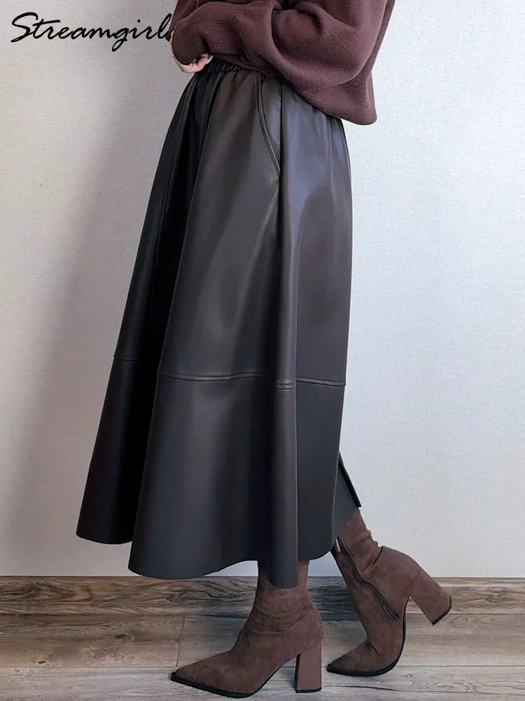 Pocketed Leather Midi Skirt