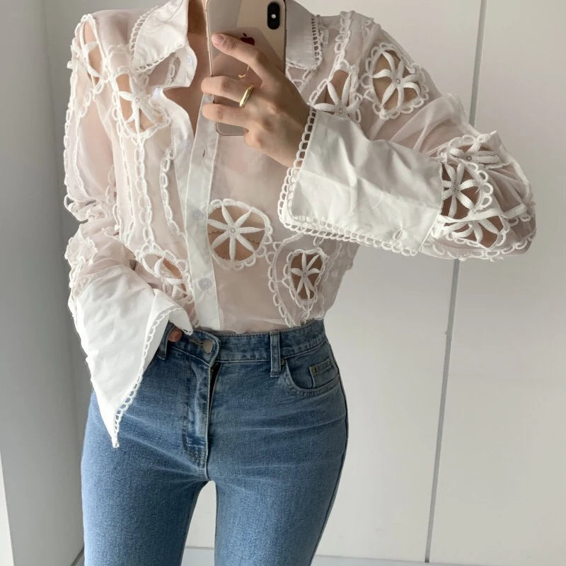 Embroidered Lace Button-Up Blouse