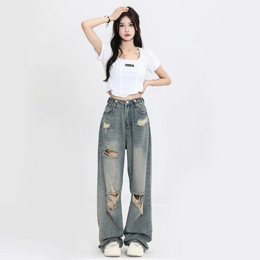 Ripped Retro Wide-Leg Jeans