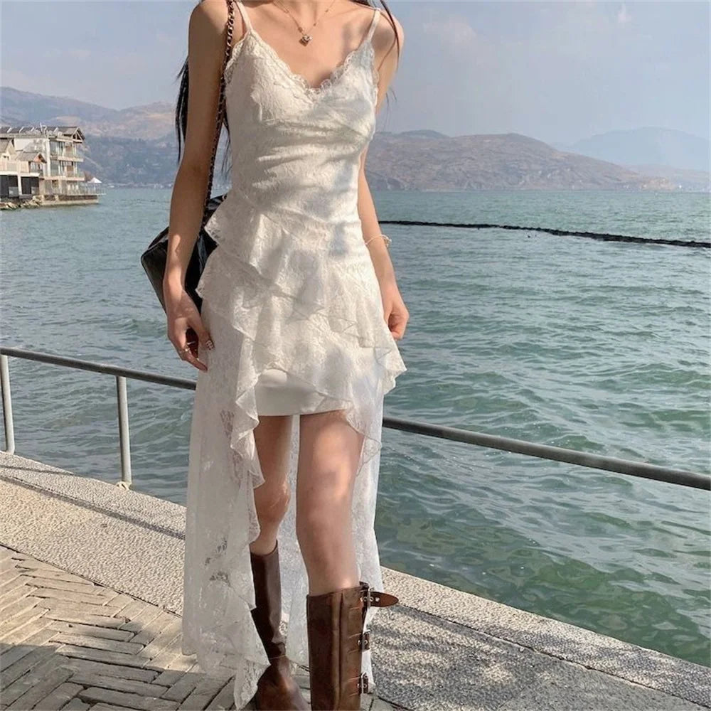 Ruffled White Lace Dress