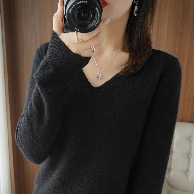 V-Neck High-Stretch Knit Sweater