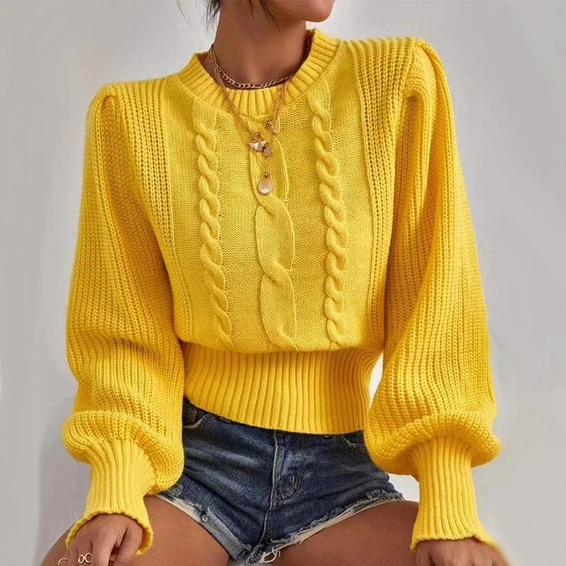 Lantern-Sleeve Relaxed Knit Pullover Sweater
