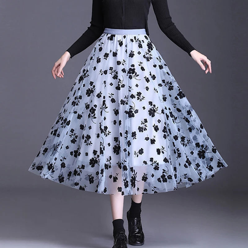Floral Tulle Midi Skirt