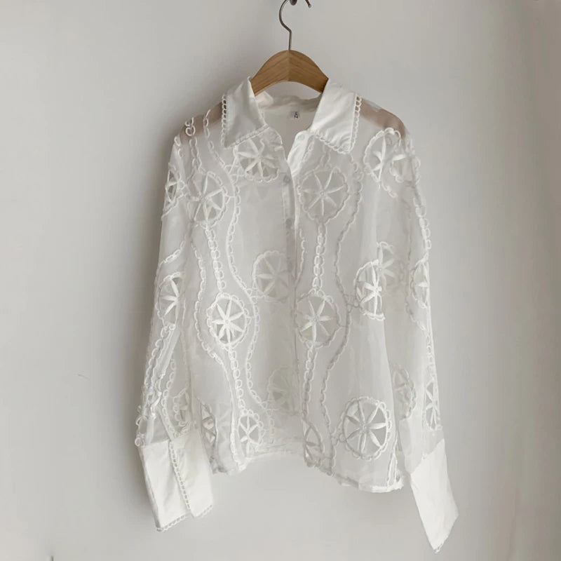 Embroidered Lace Button-Up Blouse