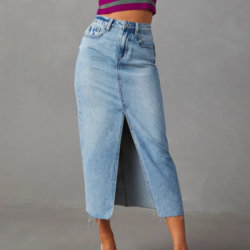 Split Washed Denim Skirt