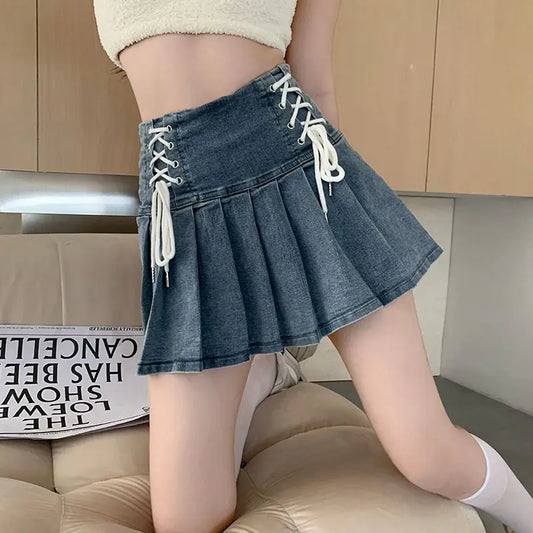 Lace-Up Pleated Denim Skirt