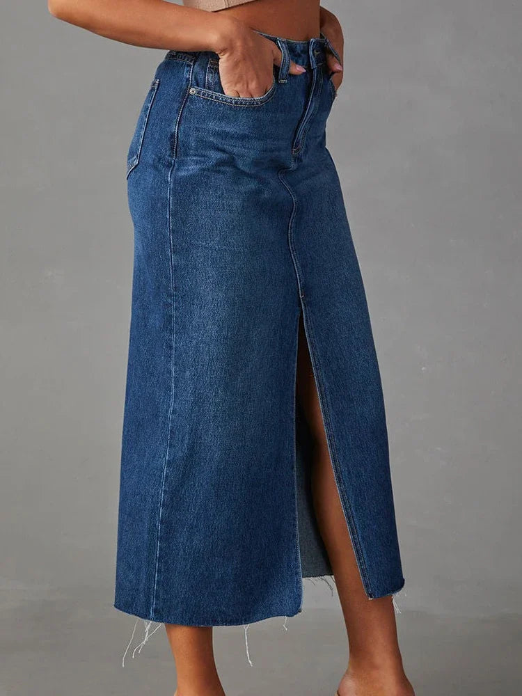 Split Washed Denim Skirt