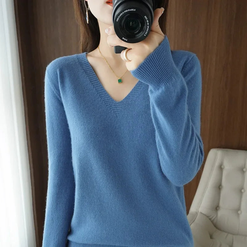 V-Neck High-Stretch Knit Sweater