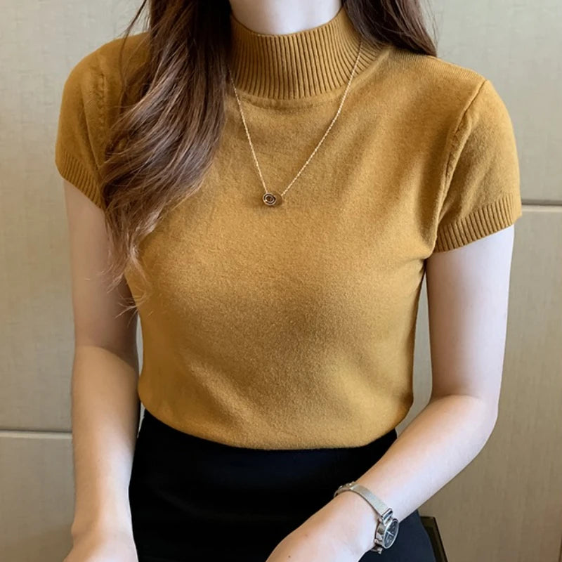 Stretch Turtleneck Short-Sleeve Top