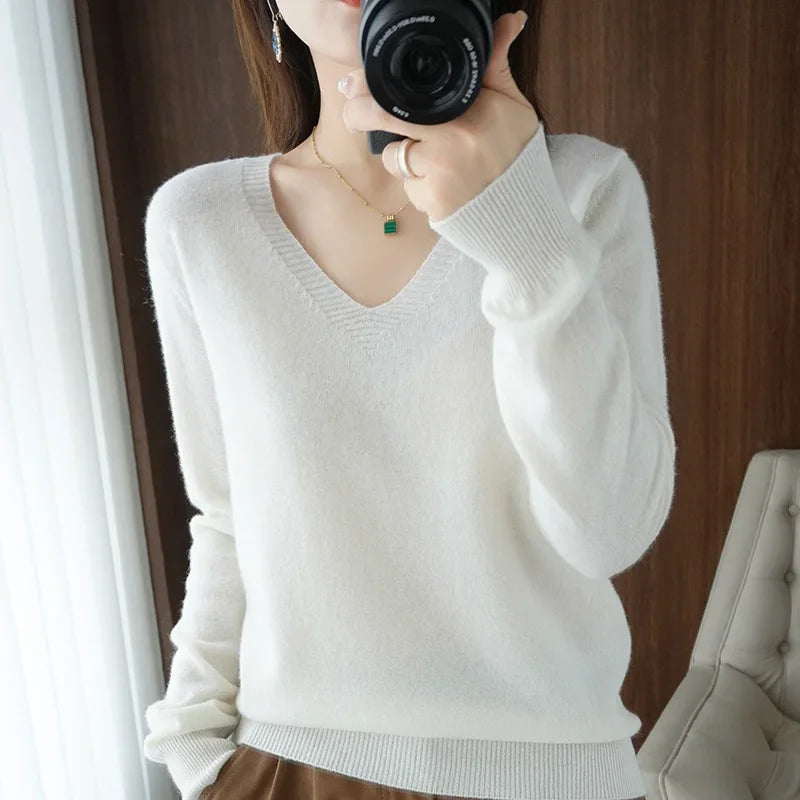 V-Neck High-Stretch Knit Sweater