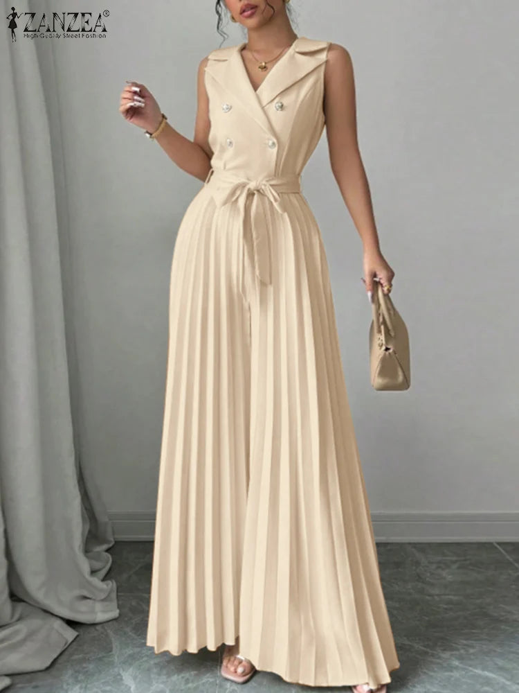 Pleated Sleeveless Office Jumpsuit