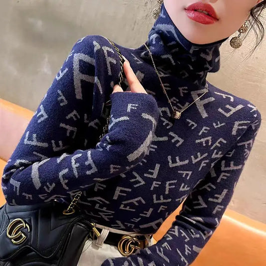 Letter-Knit Half-Neck Slim Sweater