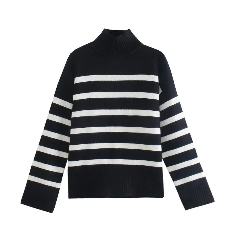 Striped Turtleneck Loose-Knit Sweater