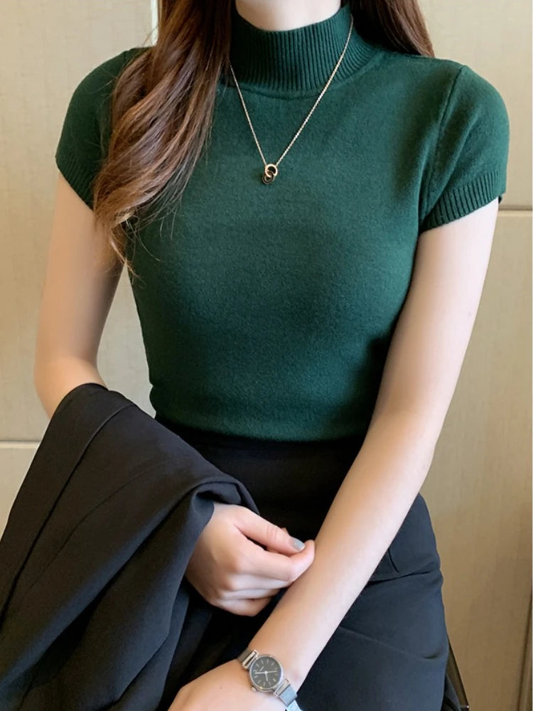 Stretch Turtleneck Short-Sleeve Top