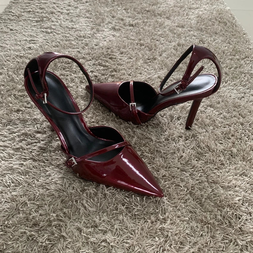 Patent Ankle-Strap Stiletto Pumps
