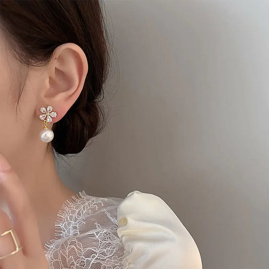 Rhinestone Flower Pearl Studs