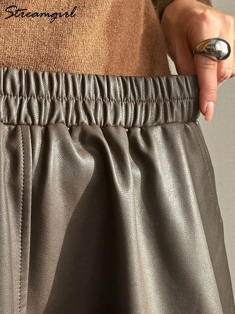 Pocketed Leather Midi Skirt
