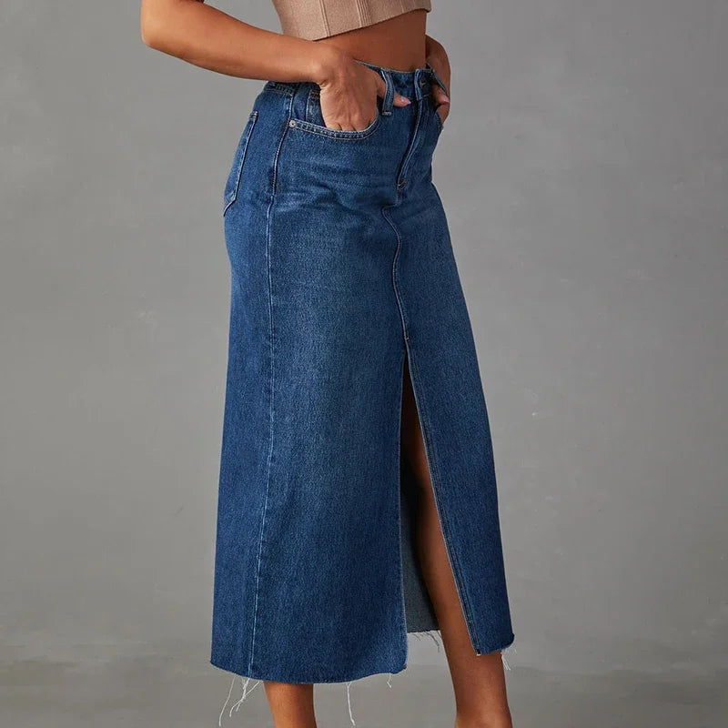 Split Washed Denim Skirt